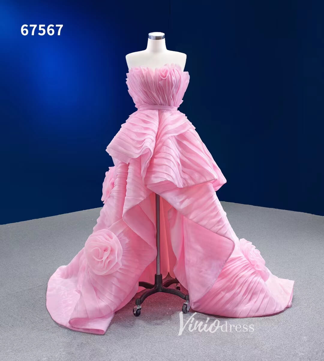 Prom Dress 2025 Pink Ruffle Prom Dress High Low Pageant Dress 67567-unique prom dresses-Pink-Custom Size-Viniodress