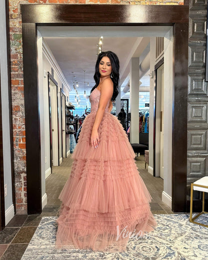 Pink Ruffle Strapless Prom Dresses Lace Applique Ball Gown FD3619-prom dresses 2025 -Viniodress-Pink-Custom Size-