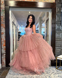Pink Ruffle Strapless Prom Dresses Lace Applique Ball Gown FD3619