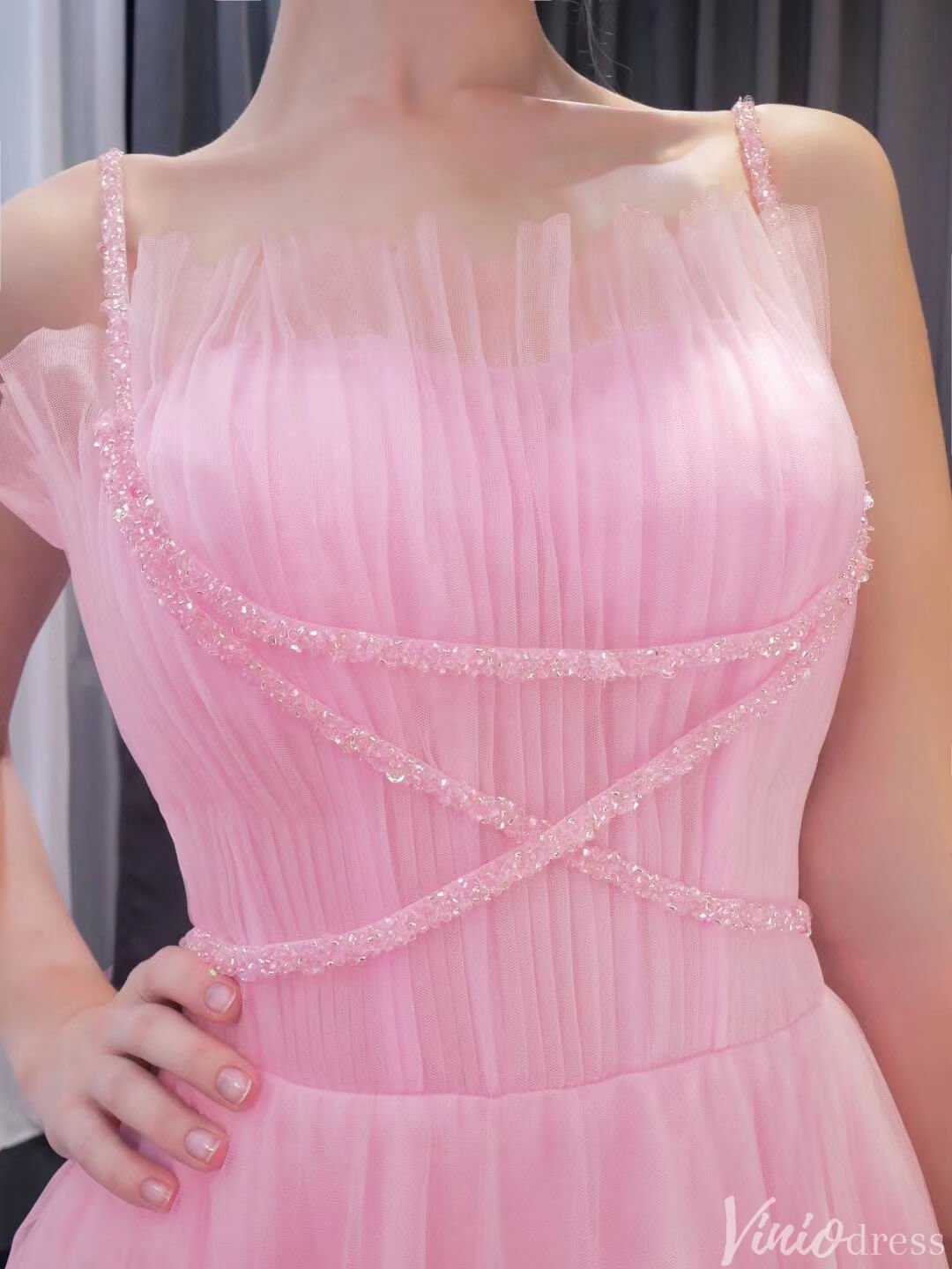 Pink Ruffle Wedding Dress Beaded Spagehtti Strap Prom Dresses Corset Back 241102-Prom Dresses 2025 -Viniodress-Pink-Custom Size-