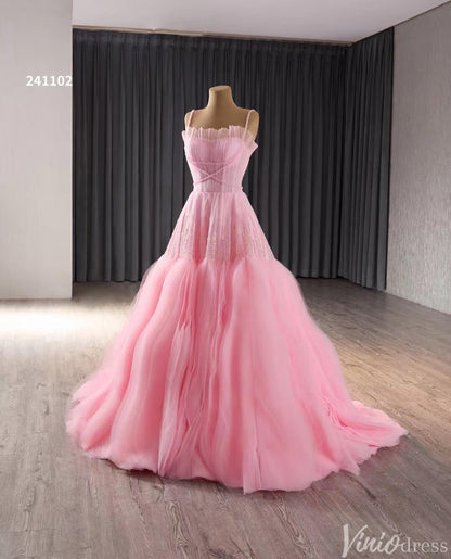 Pink Ruffle Wedding Dress Beaded Spagehtti Strap Prom Dresses Corset Back 241102-Prom Dresses 2025 -Viniodress-Pink-Custom Size-