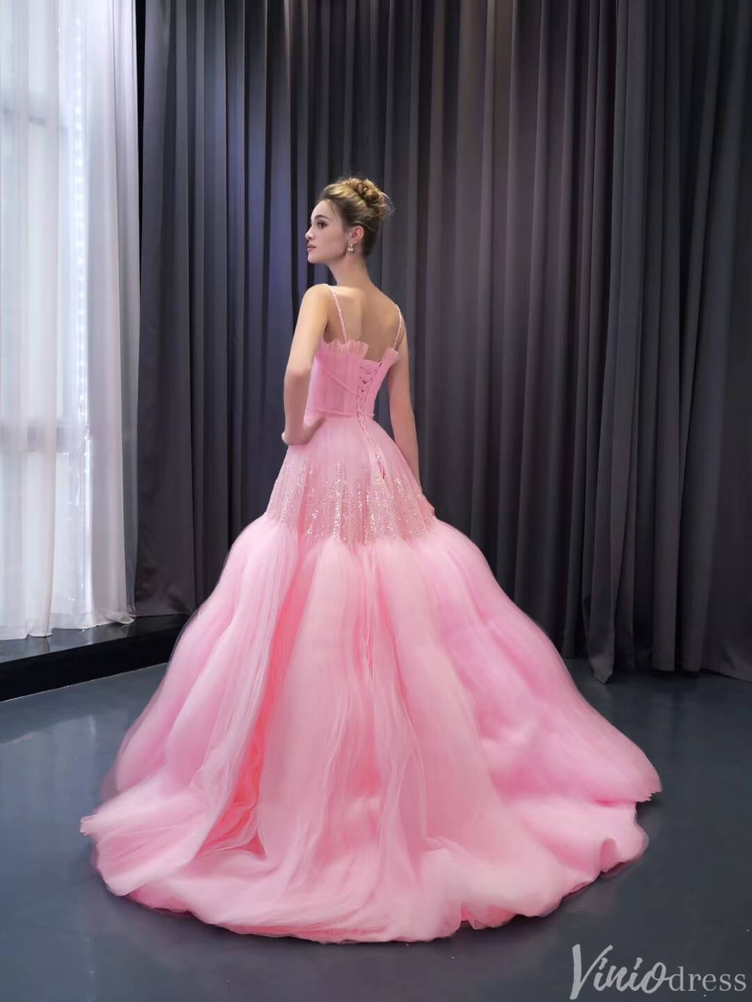 Pink Ruffle Wedding Dress Beaded Spagehtti Strap Prom Dresses Corset Back 241102 - ViniodressProm DressesPinkCustom Size - Formal Dresses - Ball Gowns