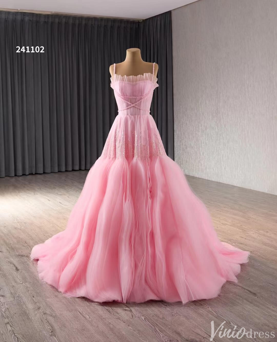 Pink Ruffle Wedding Dress Beaded Spagehtti Strap Prom Dresses Corset Back 241102 - ViniodressProm DressesPinkCustom Size - Formal Dresses - Ball Gowns