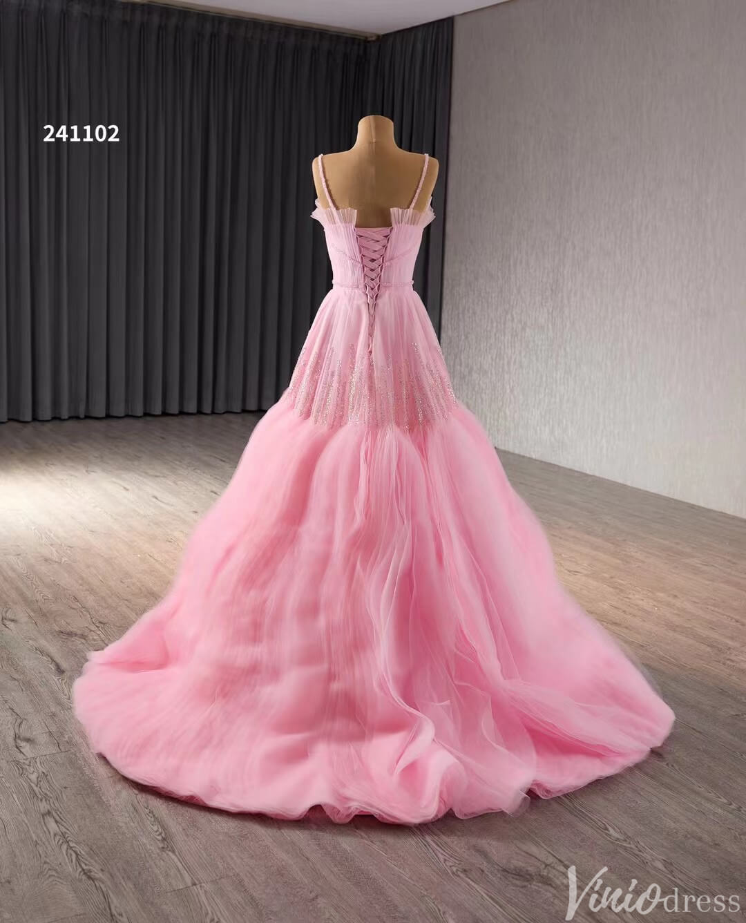 Pink Ruffle Wedding Dress Beaded Spagehtti Strap Prom Dresses Corset Back 241102 - ViniodressProm DressesPinkCustom Size - Formal Dresses - Ball Gowns