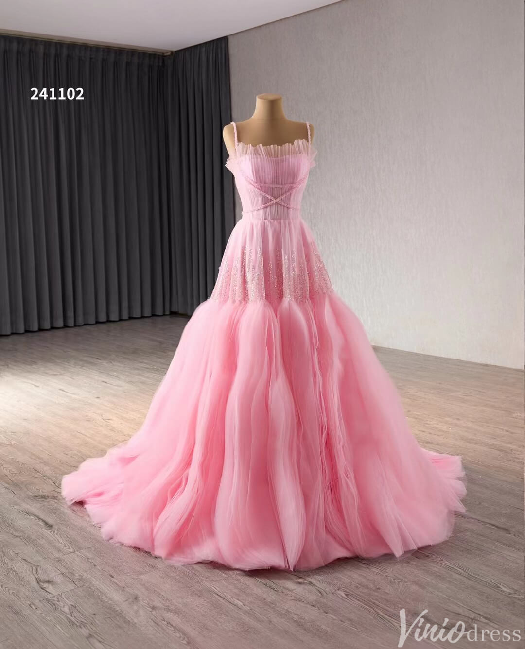 Pink Ruffle Wedding Dress Beaded Spagehtti Strap Prom Dresses Corset Back 241102 - ViniodressProm DressesPinkCustom Size - Formal Dresses - Ball Gowns