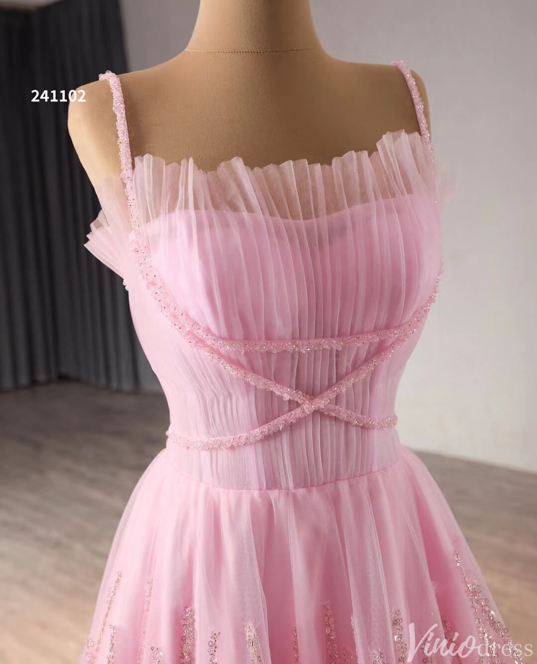 Pink Ruffle Wedding Dress Beaded Spagehtti Strap Prom Dresses Corset Back 241102 - ViniodressProm DressesPinkCustom Size - Formal Dresses - Ball Gowns