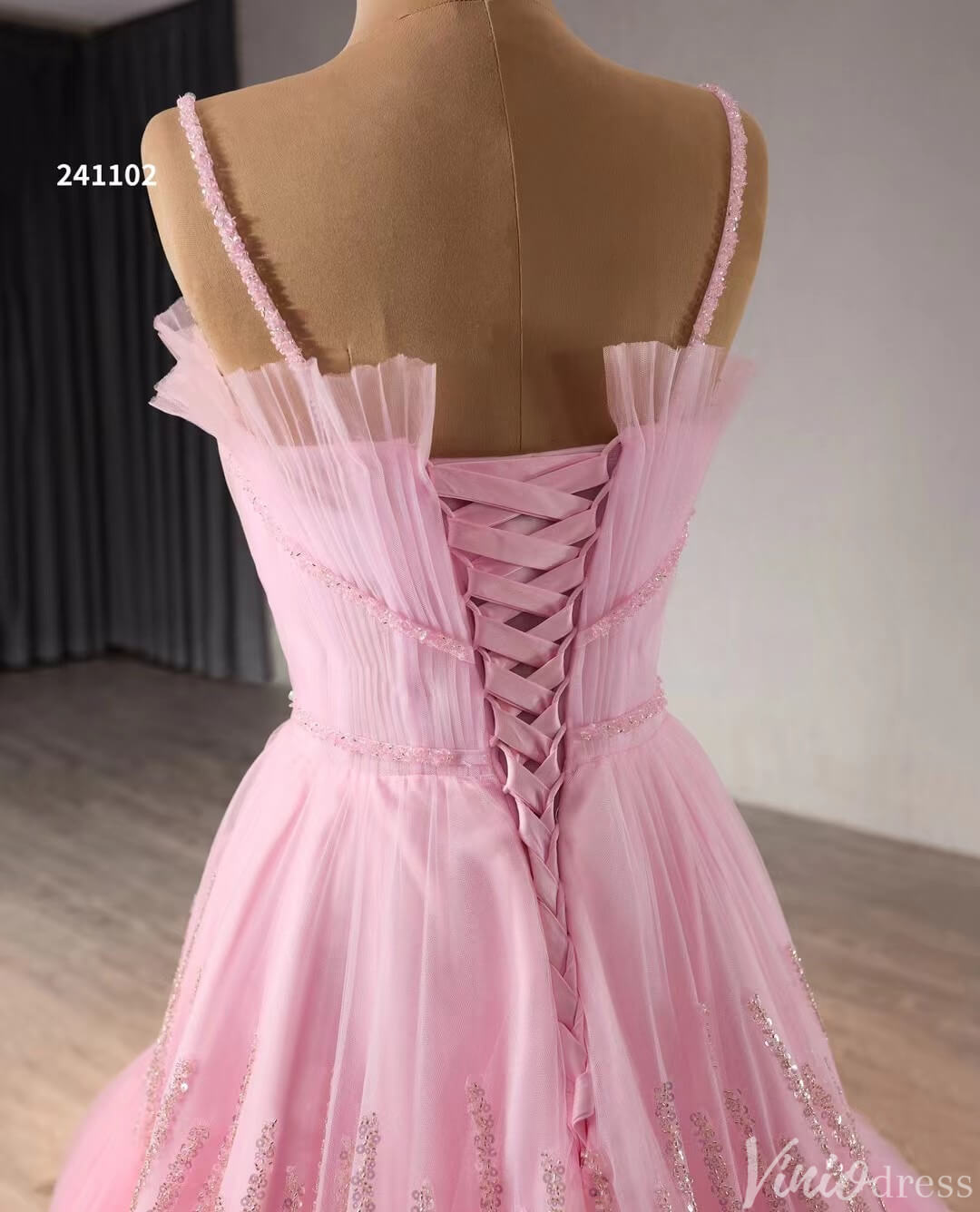 Pink Ruffle Wedding Dress Beaded Spagehtti Strap Prom Dresses Corset Back 241102 - ViniodressProm DressesPinkCustom Size - Formal Dresses - Ball Gowns