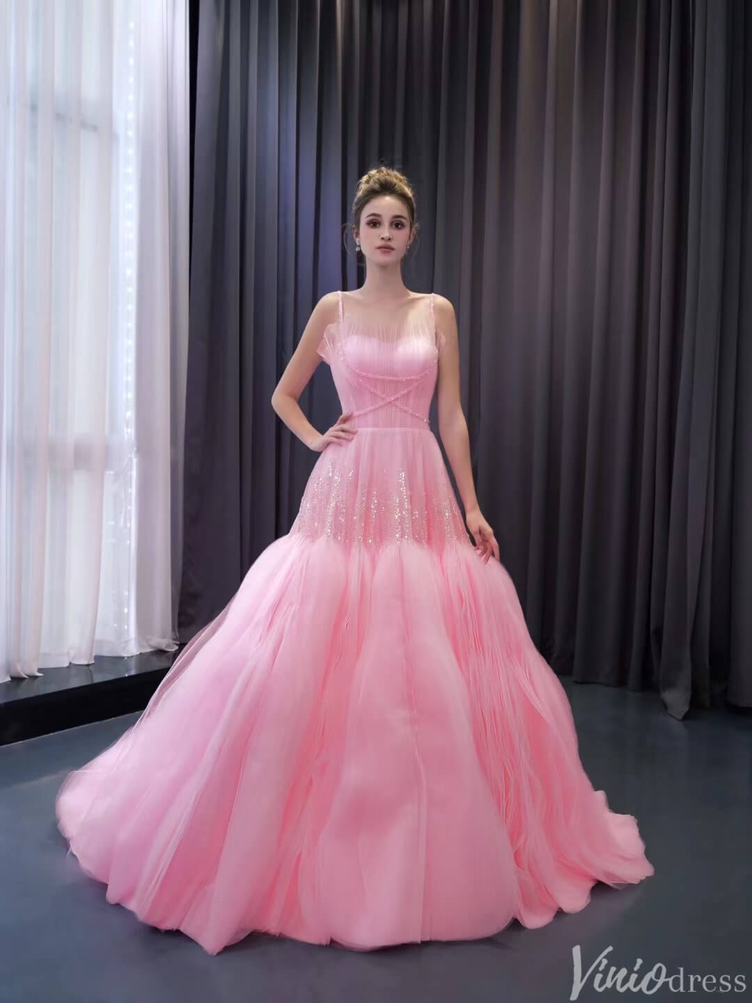 Pink Ruffle Wedding Dress Beaded Spagehtti Strap Prom Dresses Corset Back 241102 - ViniodressProm DressesPinkCustom Size - Formal Dresses - Ball Gowns