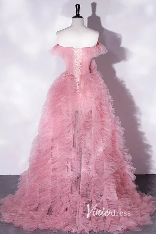 Pink Ruffled Off the Shoulder Prom Dresses with High Slit AD1007-prom dresses 2025 -Viniodress-Pink-Custom Size-