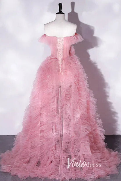 Pink Ruffled Off the Shoulder Prom Dresses with High Slit AD1007-prom dresses 2025 -Viniodress-Pink-Custom Size-