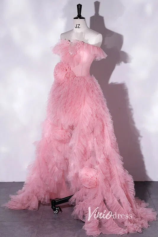 Pink Ruffled Off the Shoulder Prom Dresses with High Slit AD1007-prom dresses 2025 -Viniodress-Pink-Custom Size-