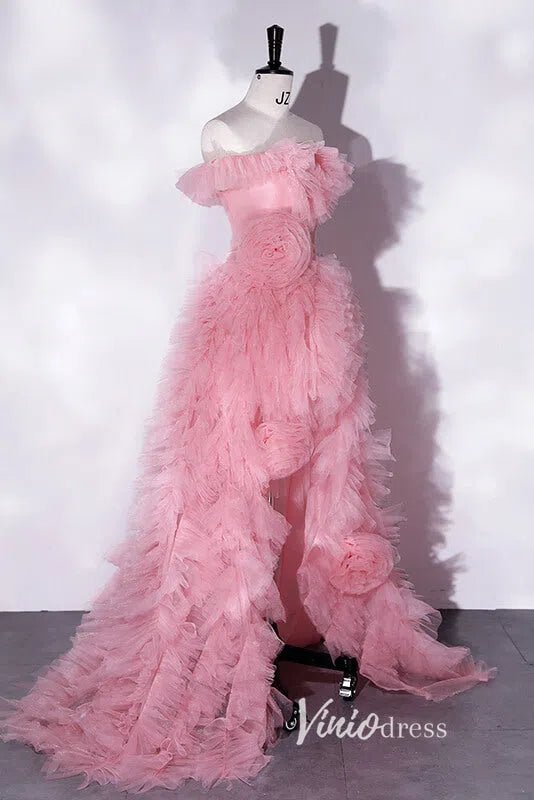 Pink Ruffled Off the Shoulder Prom Dresses with High Slit AD1007-prom dresses 2025 -Viniodress-Pink-Custom Size-