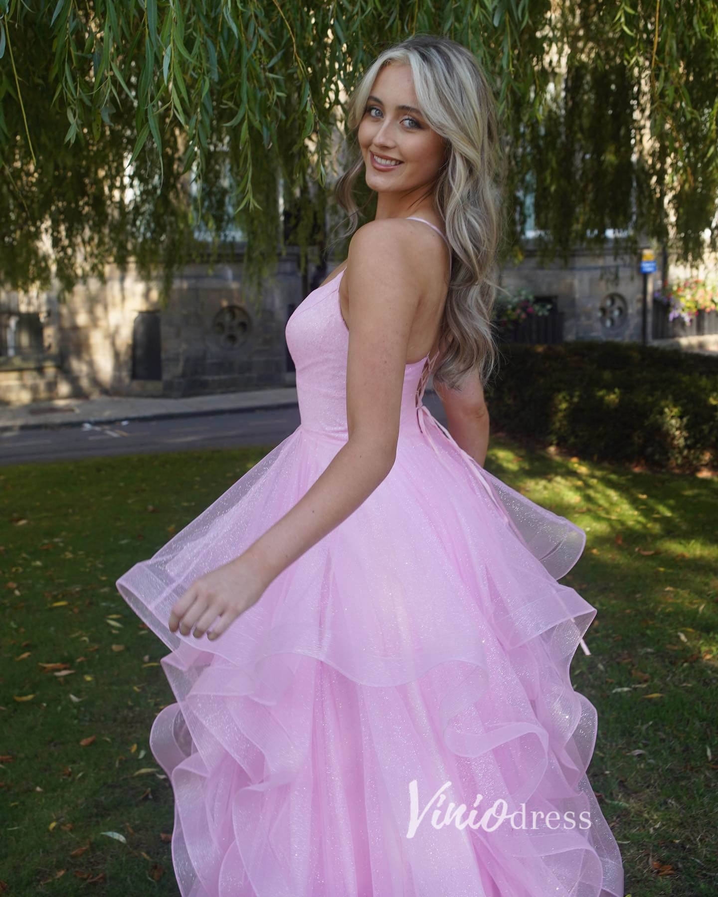Pink Ruffled Prom Dresses Spaghetti Strap Formal Gown FD3359-prom dresses 2025 -Viniodress-Pink-Custom Size-