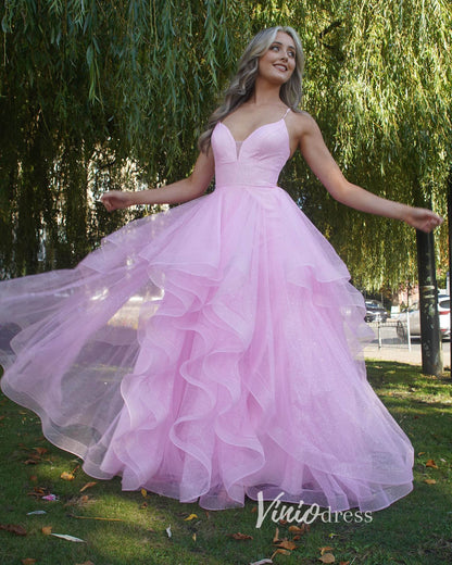 Pink Ruffled Prom Dresses Spaghetti Strap Formal Gown FD3359-prom dresses 2025 -Viniodress-Pink-Custom Size-