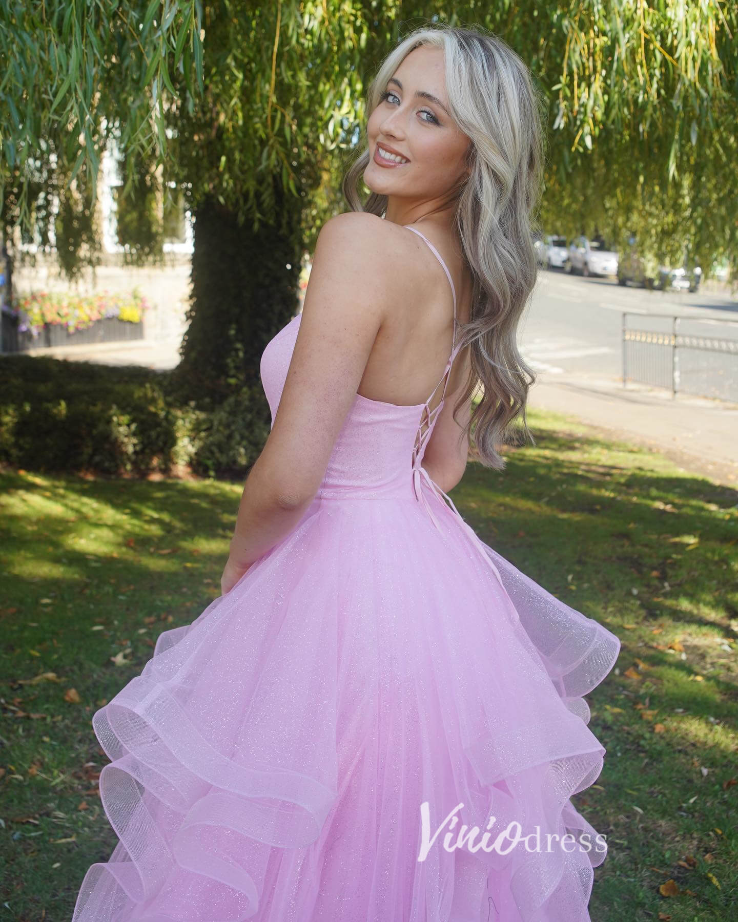 Prom Dress 2025 Pink Ruffled Prom Dresses Spaghetti Strap Formal Gown FD3359-unique prom dresses-Pink-Custom Size-Viniodress