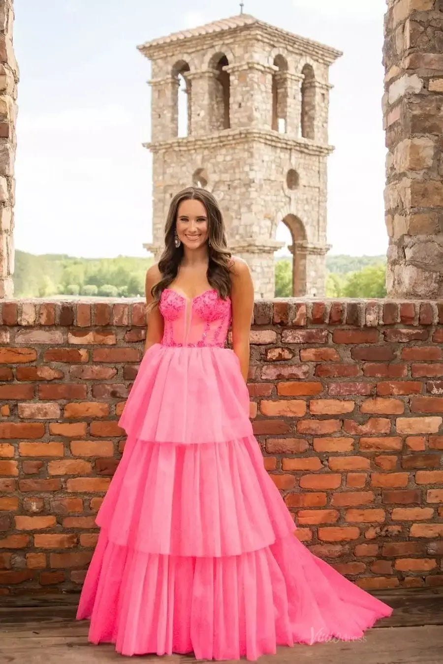 tiered tulle dress Pink Ruffled Prom Dresses with Sheer Corset Tiered Tulle Skirt Spaghet – Viniodress