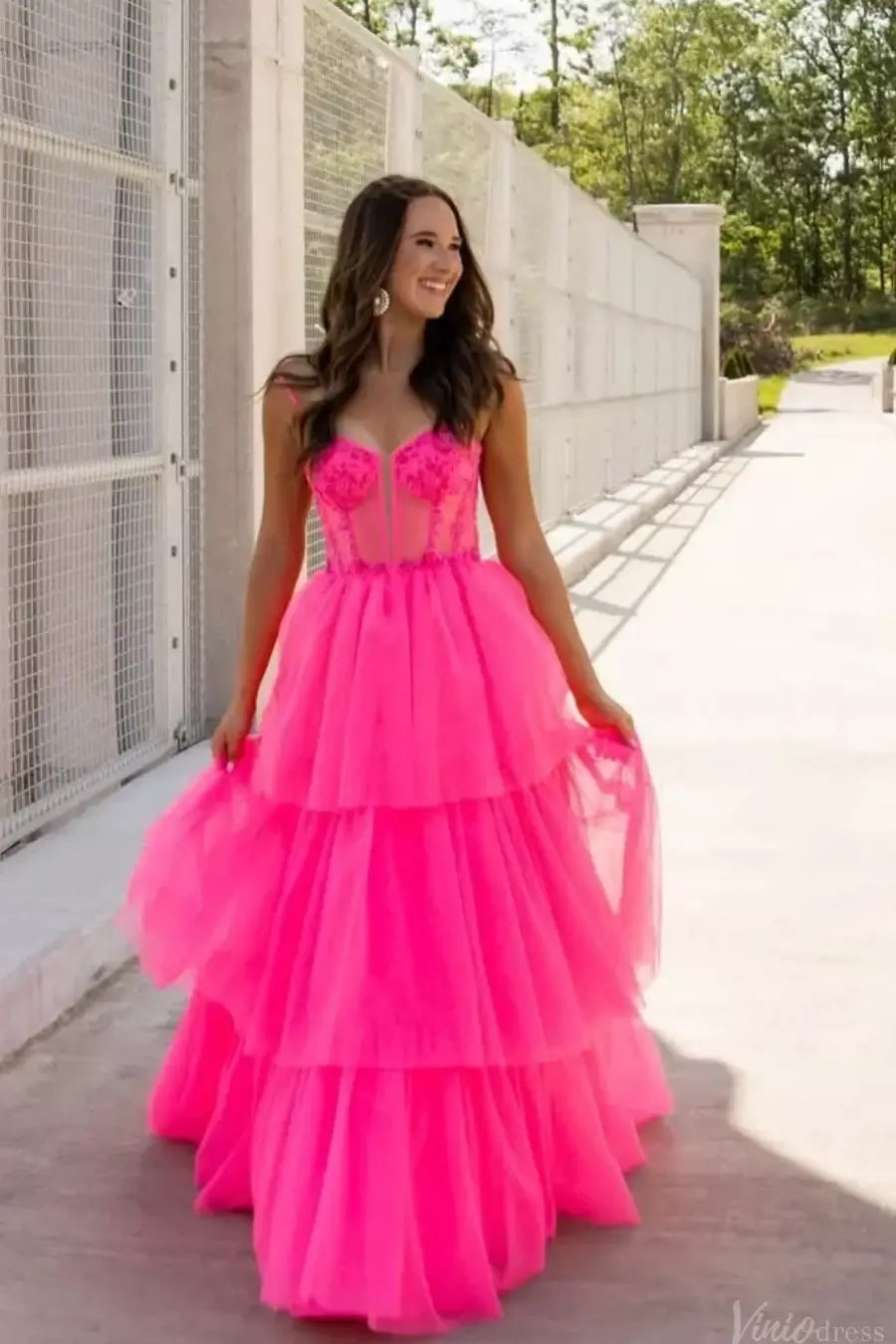 tiered tulle dress Pink Ruffled Prom Dresses with Sheer Corset Tiered Tulle Skirt Spaghet – Viniodress