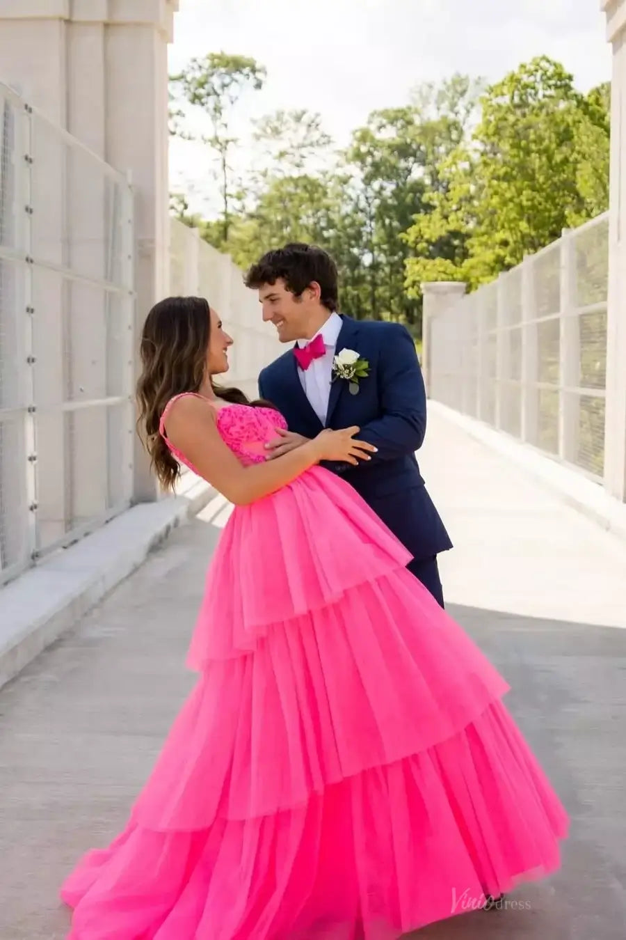 Pink Ruffled Prom Dresses with Sheer Corset Tiered Tulle Skirt Spaghetti Straps RF160-prom dresses 2026-Viniodress-Pink-Custom Size-