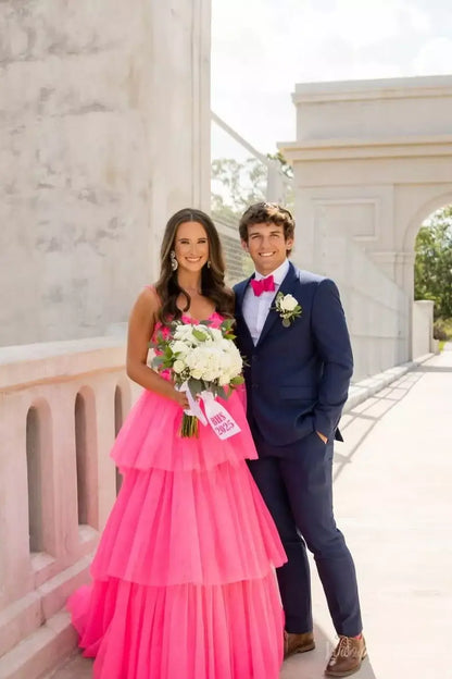 Pink Ruffled Prom Dresses with Sheer Corset Tiered Tulle Skirt Spaghetti Straps RF160-prom dresses 2026-Viniodress-Pink-Custom Size-