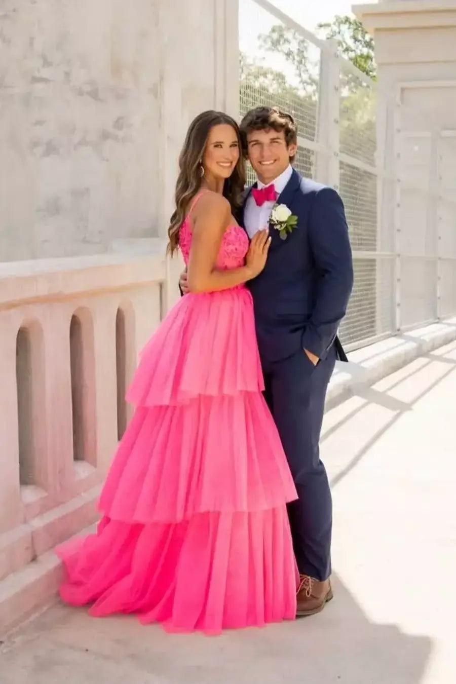 Pink Ruffled Prom Dresses with Sheer Corset Tiered Tulle Skirt Spaghetti Straps RF160-prom dresses 2026-Viniodress-Pink-Custom Size-