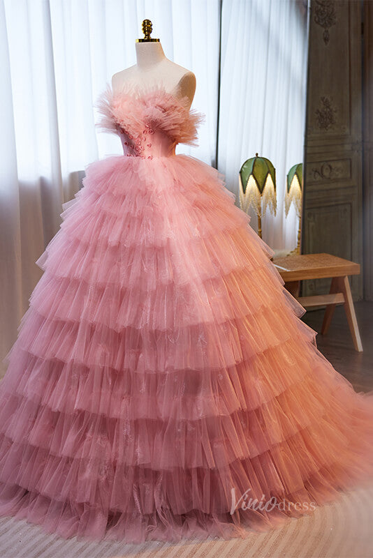 Pink Ruffled Quinceanera Dresses Strapless Ball Gown AD1072-Quinceanera Dresses-Viniodress-Viniodress