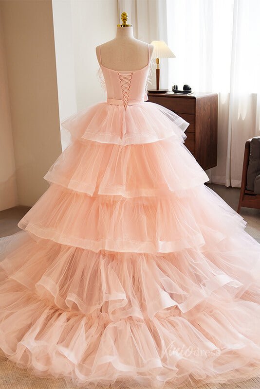 Pink Ruffled Quinceanera Dresses with Feathers Spaghetti Strap Ball Gown AD1094-Quinceanera Dresses 2025 -Viniodress-Pink-Custom Size-