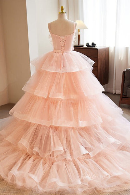 Pink Ruffled Quinceanera Dresses with Feathers Spaghetti Strap Ball Gown AD1094-Quinceanera Dresses 2025 -Viniodress-Pink-Custom Size-