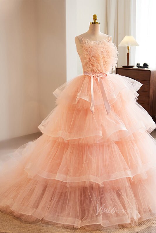 Pink Ruffled Quinceanera Dresses with Feathers Spaghetti Strap Ball Gown AD1094-Quinceanera Dresses 2025 -Viniodress-Pink-Custom Size-