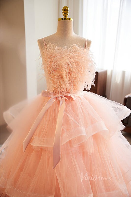 Pink Ruffled Quinceanera Dresses with Feathers Spaghetti Strap Ball Gown AD1094-Quinceanera Dresses 2025 -Viniodress-Pink-Custom Size-