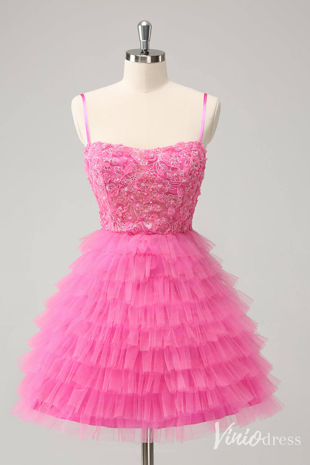 Pink Ruffled Spaghetti Strap Homecoming Dresses Beaded Lace Back to School Dress S24051-prom dresses-Viniodress-Pink-Custom Size-Viniodress