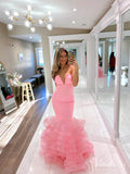 Pink Ruffled Strapless Mermaid Prom Dresses V-Neck Satin Evening Dress FD4084-prom dresses-Viniodress-Viniodress