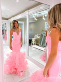 Pink Ruffled Strapless Mermaid Prom Dresses V-Neck Satin Evening Dress FD4084