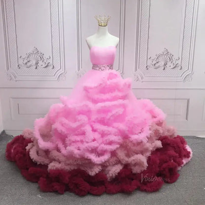 Pink Ruffled Tiered Quinceanera Dresses Strapless Gorgeous Prom Dresses SU051-prom dresses 2025 -Viniodress-Pink-Custom Size-