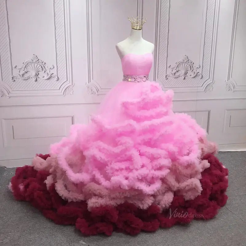 Pink Ruffled Tiered Quinceanera Dresses Strapless Gorgeous Prom Dresses SU051-prom dresses 2025 -Viniodress-Pink-Custom Size-