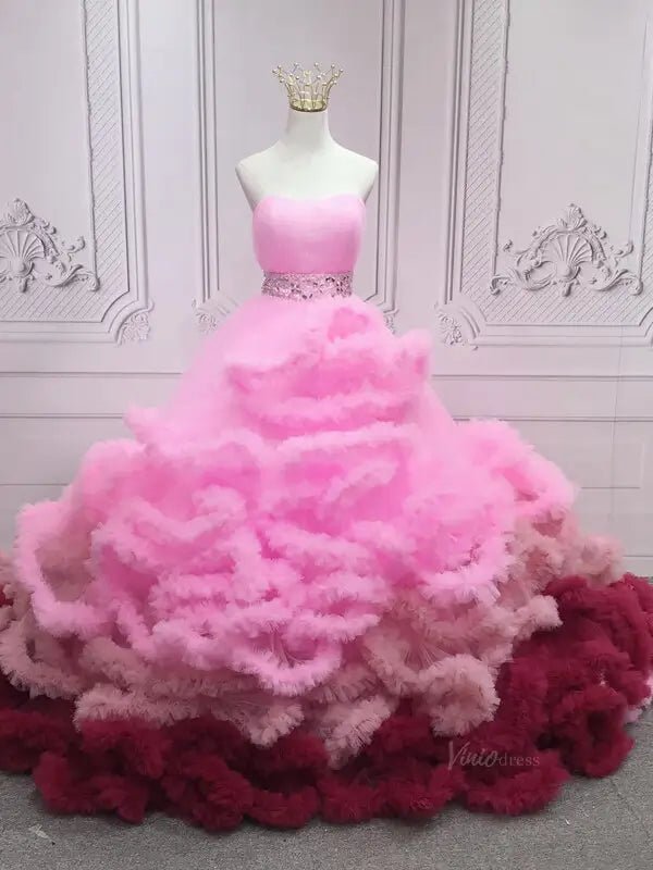 Pink Ruffled Tiered Quinceanera Dresses Strapless Gorgeous Prom Dresses SU051-prom dresses 2025 -Viniodress-Pink-Custom Size-