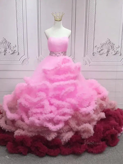 Pink Ruffled Tiered Quinceanera Dresses Strapless Gorgeous Prom Dresses SU051-prom dresses 2025 -Viniodress-Pink-Custom Size-