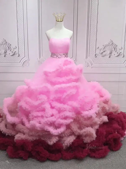 Pink Ruffled Tiered Quinceanera Dresses Strapless Gorgeous Prom Dresses SU051-prom dresses 2025 -Viniodress-Pink-Custom Size-