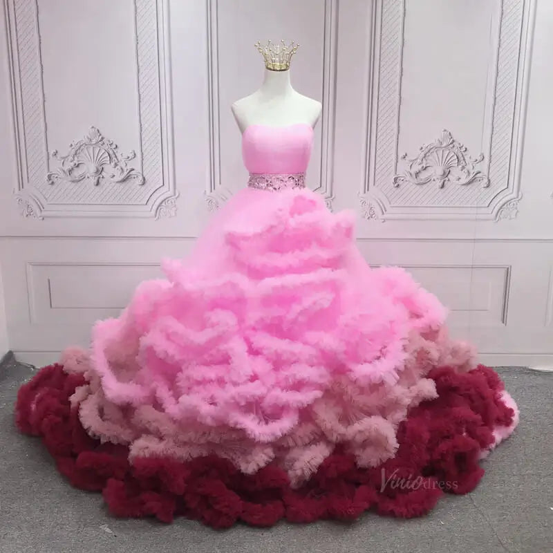 prom dresses 2025 Pink Ruffled Tiered Quinceanera Dresses Strapless Gorgeous Prom Dresses SU051-plus size wedding dresses Viniodress-Pink-Custom Size-