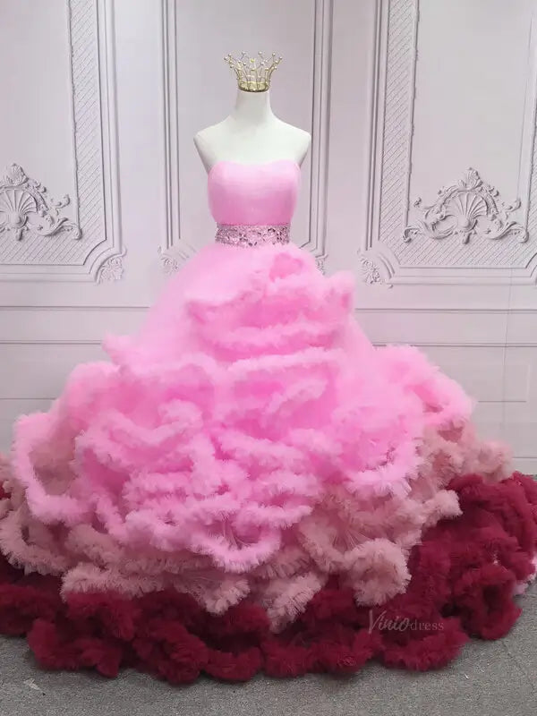 prom dresses 2025 Pink Ruffled Tiered Quinceanera Dresses Strapless Gorgeous Prom Dresses SU051-plus size wedding dresses Viniodress-Pink-Custom Size-