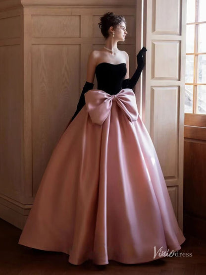 Pink Satin Bow Tie Prom Ball Gown Strapless Quinceanera Dresses BG075-prom dresses 2025 -Viniodress-Pink-Custom Size-