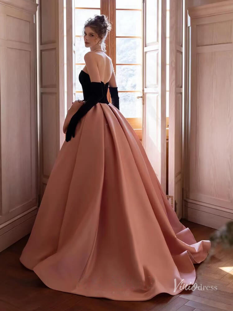 Pink Satin Bow Tie Prom Ball Gown Strapless Quinceanera Dresses BG075-prom dresses 2025 -Viniodress-Pink-Custom Size-