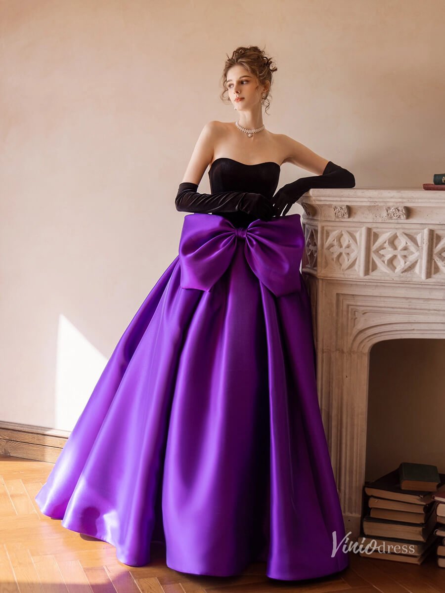 Pink Satin Bow Tie Prom Ball Gown Strapless Quinceanera Dresses BG075-prom dresses 2025 -Viniodress-Pink-Custom Size-