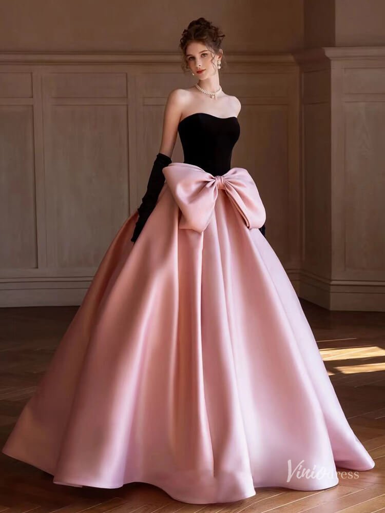Pink Satin Bow Tie Prom Ball Gown Strapless Quinceanera Dresses BG075-prom dresses 2025 -Viniodress-Pink-Custom Size-
