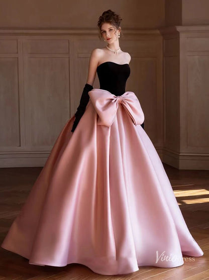 Pink Satin Bow Tie Prom Ball Gown Strapless Quinceanera Dresses BG075-prom dresses 2025 -Viniodress-Pink-Custom Size-