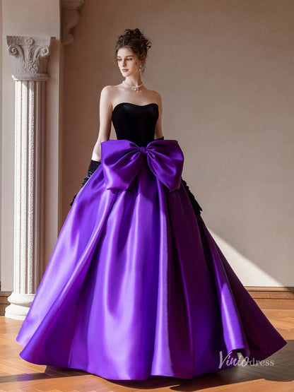 Pink Satin Bow Tie Prom Ball Gown Strapless Quinceanera Dresses BG075-prom dresses 2025 -Viniodress-Purple-Custom Size-