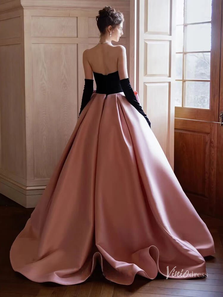 Pink Satin Bow Tie Prom Ball Gown Strapless Quinceanera Dresses BG075 - Viniodressprom dressesPinkCustom Size - Formal Dresses - Ball Gowns