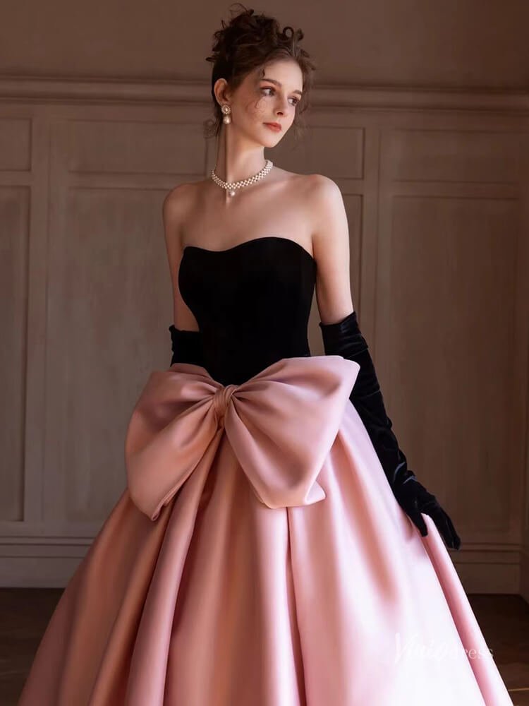 Pink Satin Bow Tie Prom Ball Gown Strapless Quinceanera Dresses BG075 - Viniodressprom dressesPinkCustom Size - Formal Dresses - Ball Gowns