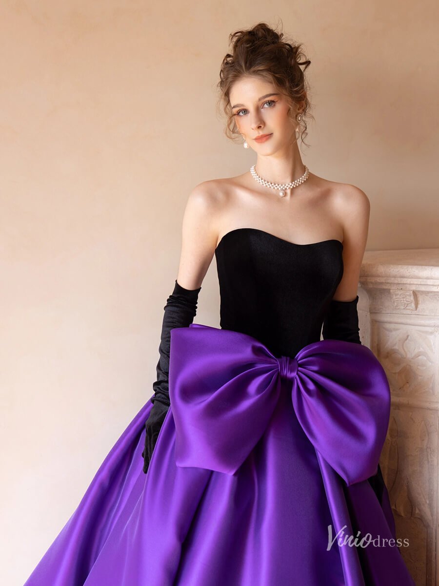 Pink Satin Bow Tie Prom Ball Gown Strapless Quinceanera Dresses BG075 - Viniodressprom dressesPurpleCustom Size - Formal Dresses - Ball Gowns