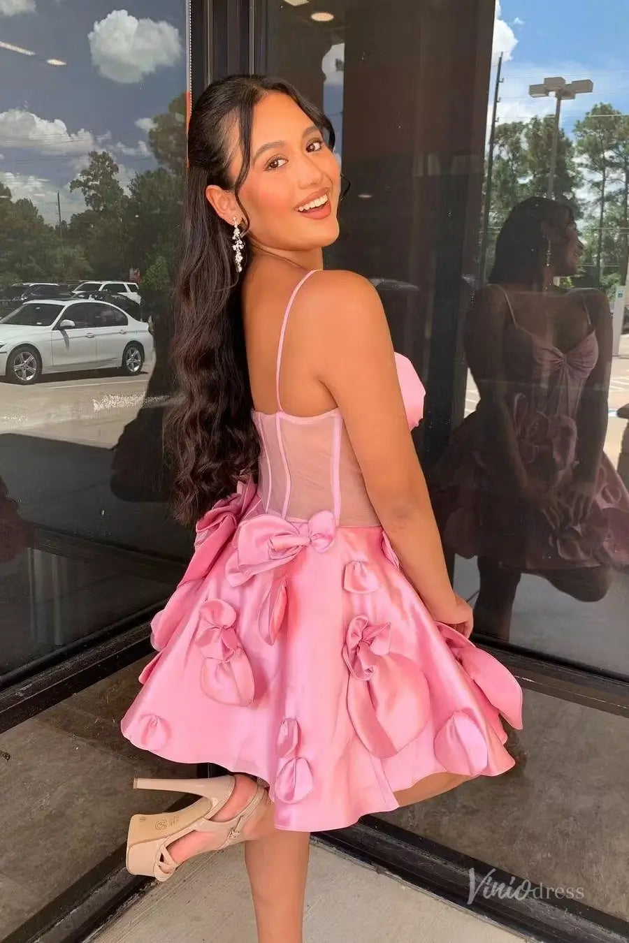 Pink Satin Homecoming Dress with Spaghetti Straps, Sheer Corset Bodice and 3D Flower Skirt – H1143-Homecoming Dresses 2025 -Viniodress-Pink-Custom Size-