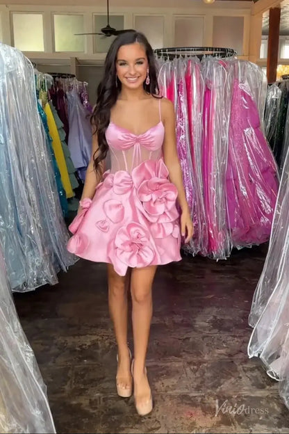 Pink Satin Homecoming Dress with Spaghetti Straps, Sheer Corset Bodice and 3D Flower Skirt – H1143-Homecoming Dresses 2025 -Viniodress-Pink-Custom Size-